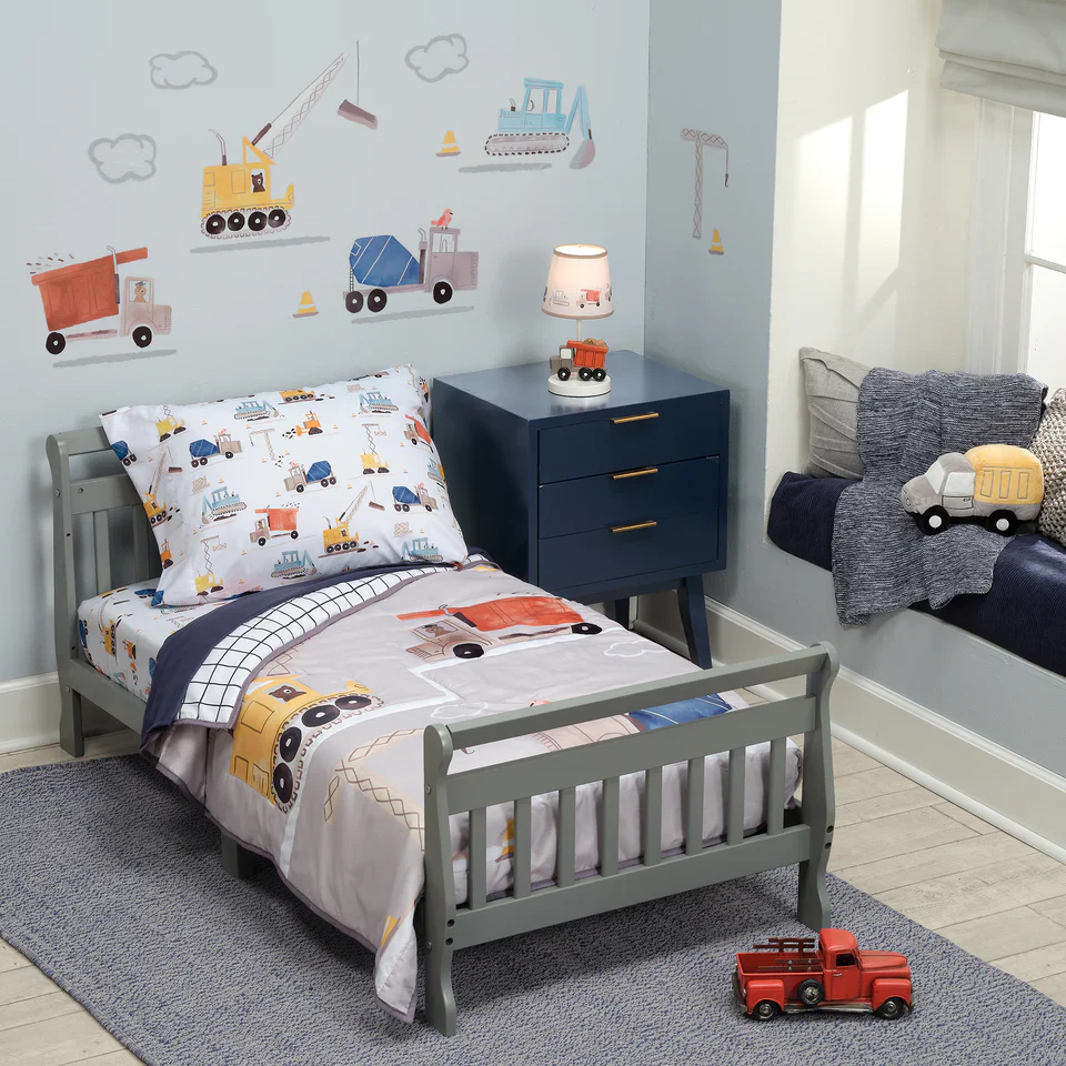Bedtime Originals Construction Zone 4-Piece  Gray/Navy/White Toddler Bedding Set