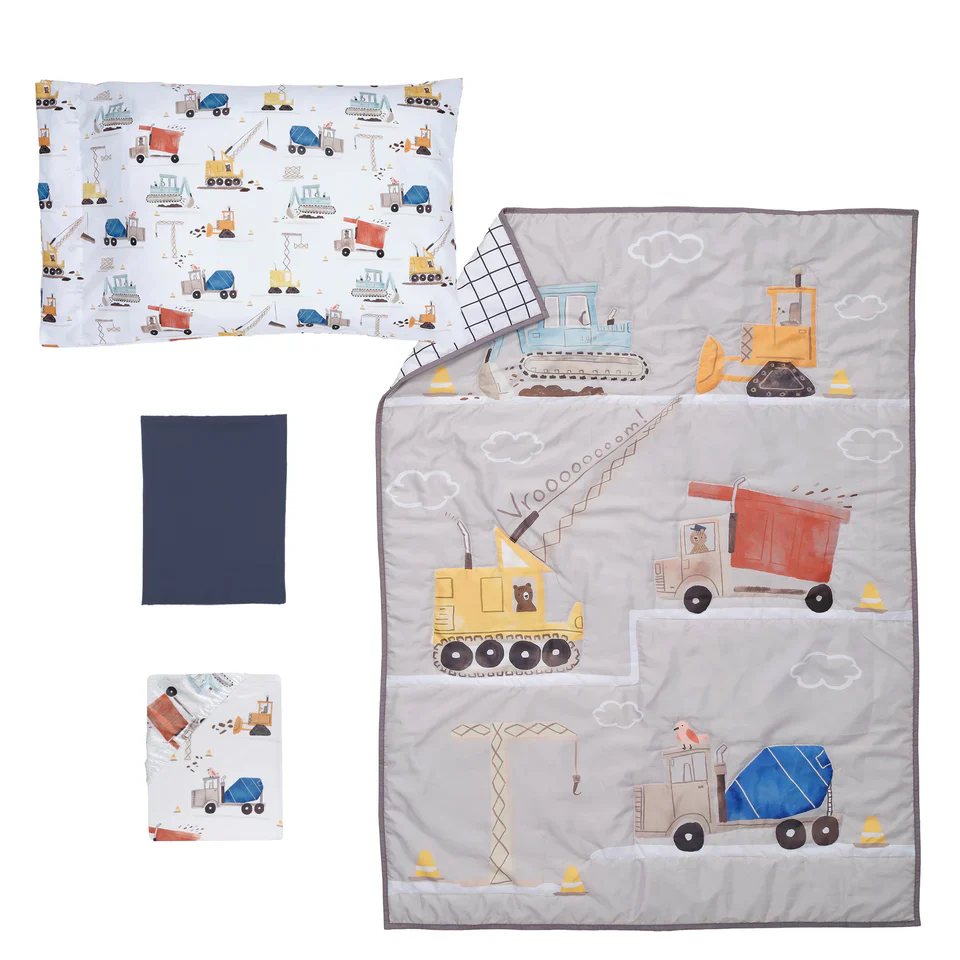 Bedtime Originals Construction Zone 4-Piece  Gray/Navy/White Toddler Bedding Set - Image 2