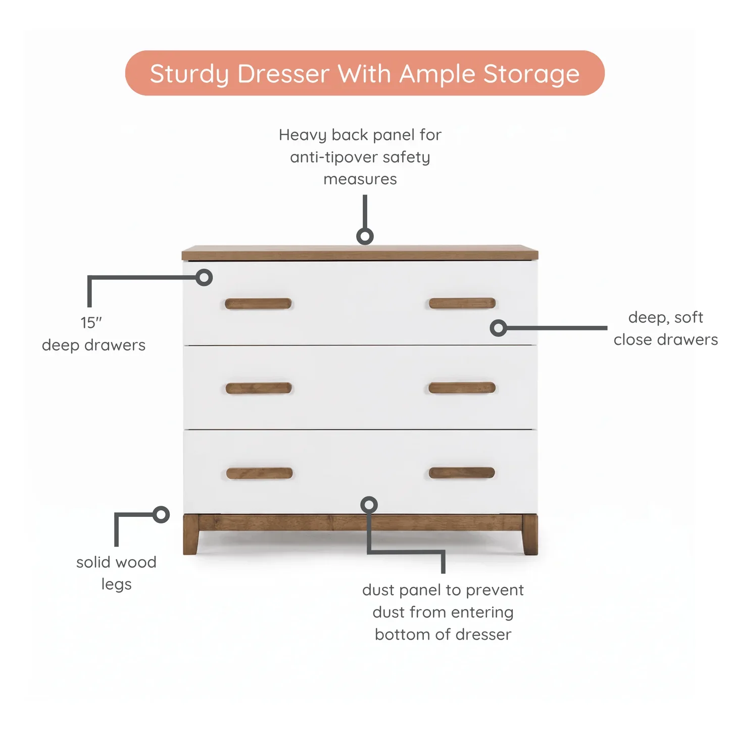 dadada LaLa Little 3-Drawer Dresser - White/Walnut - Image 9