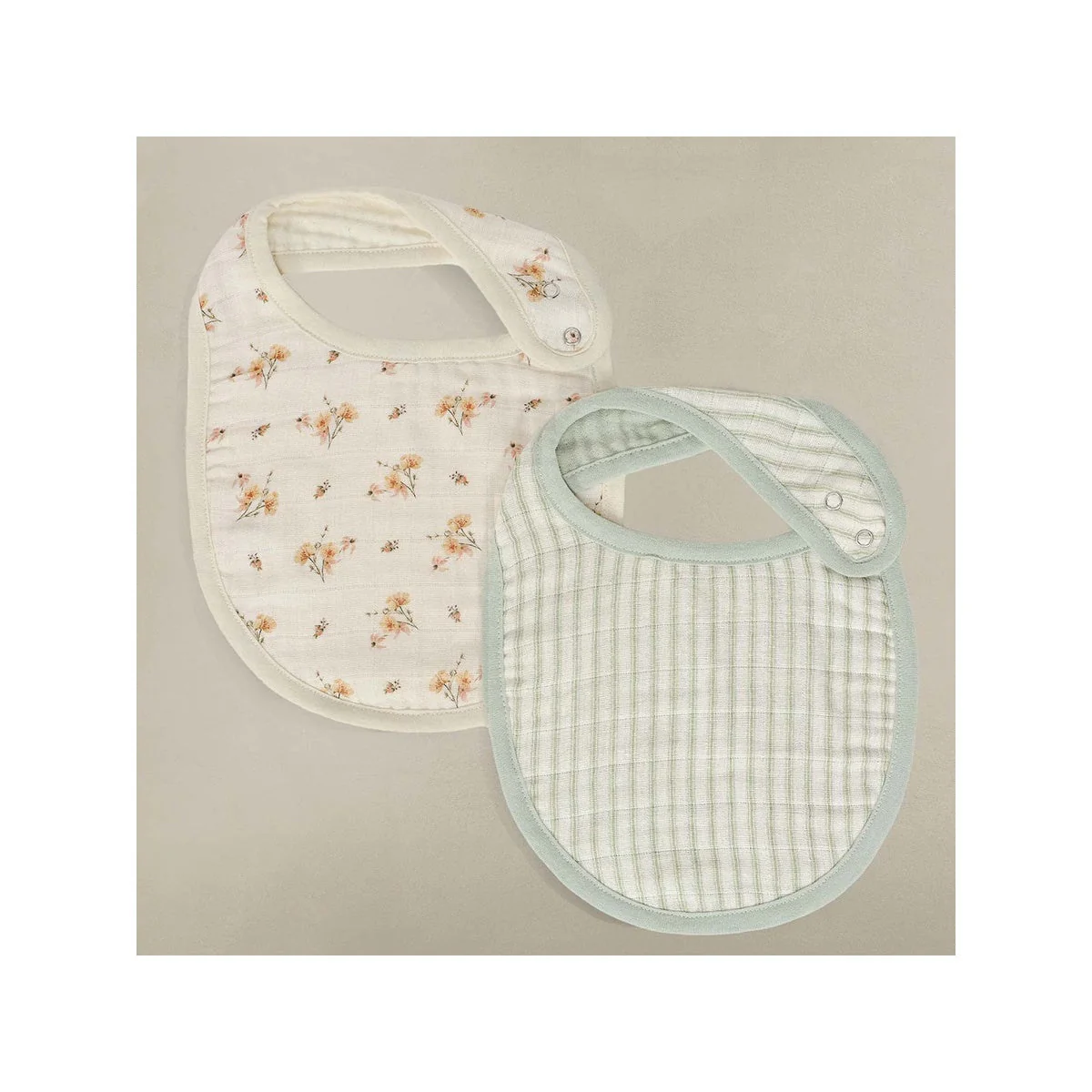 Oilo Fable Bibs 2 Pack- Dainty Floral & Stripe Sea Moss Organic Muslin - Image 3